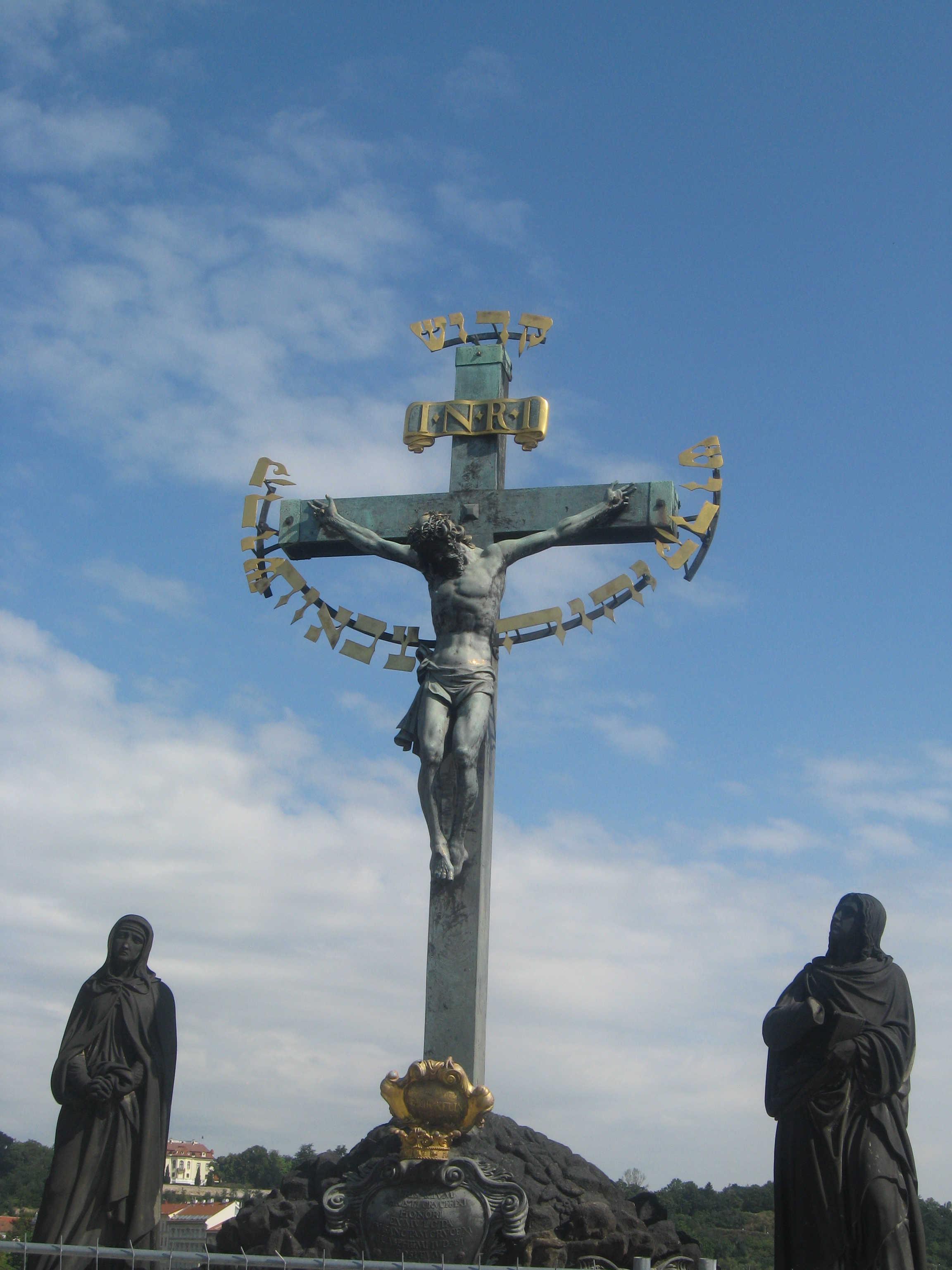 Crucifix and Calgary on the Charles Bridge in Prague (Inscribed in Hebrew from Isaiah 6, Holy, Holy Holy is the Lord of Hosts)
