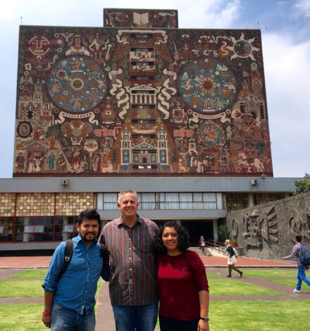 Dave with Barush & Monse in front of the library at UNAM