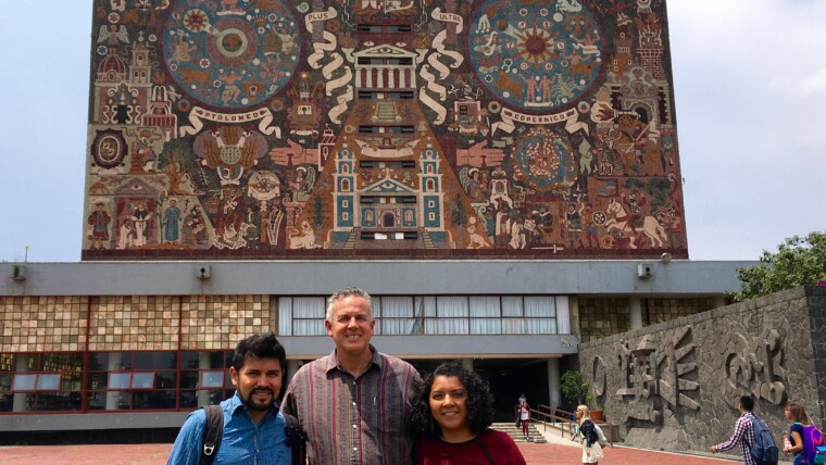 Dave with Barush & Monse in front of the library at UNAM