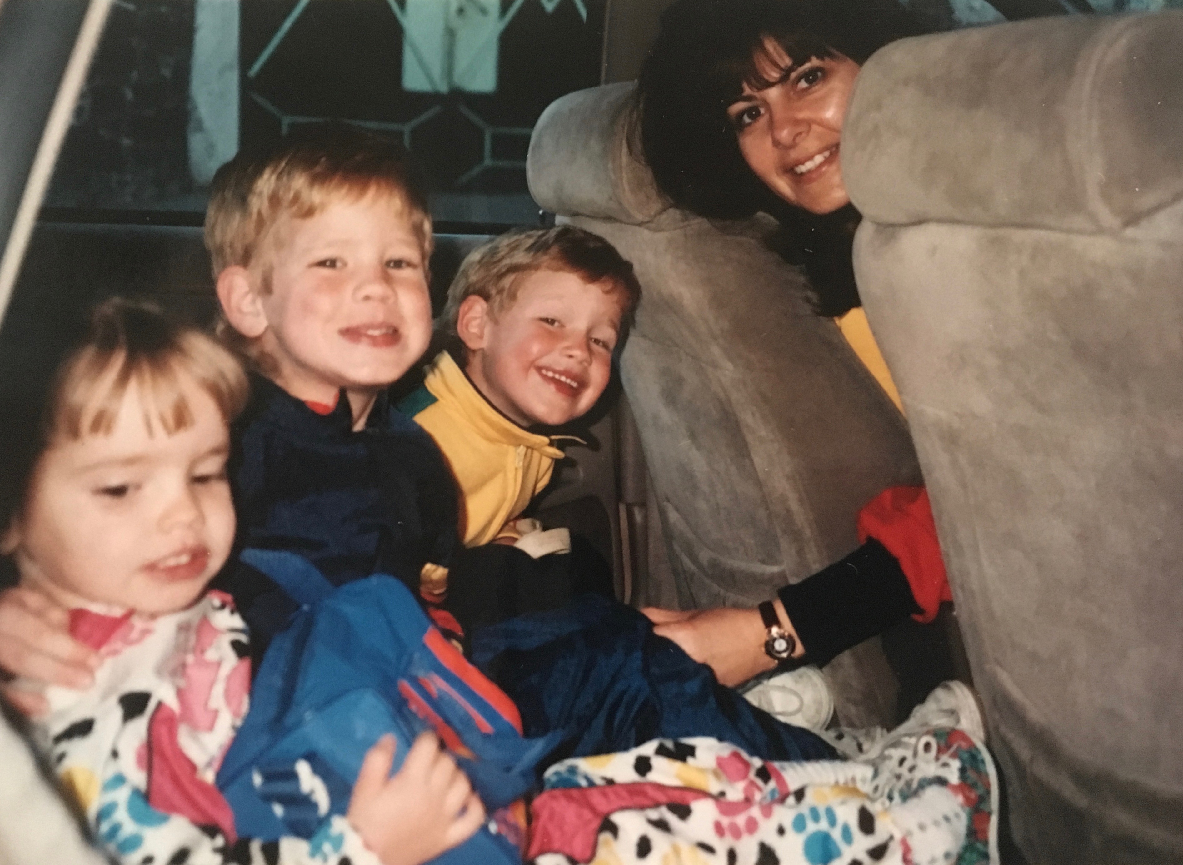 Hannah, Jonathan & David going to Kinder with Miss Marilu. She owned and ran the school and often helped us out by taking our children to school.