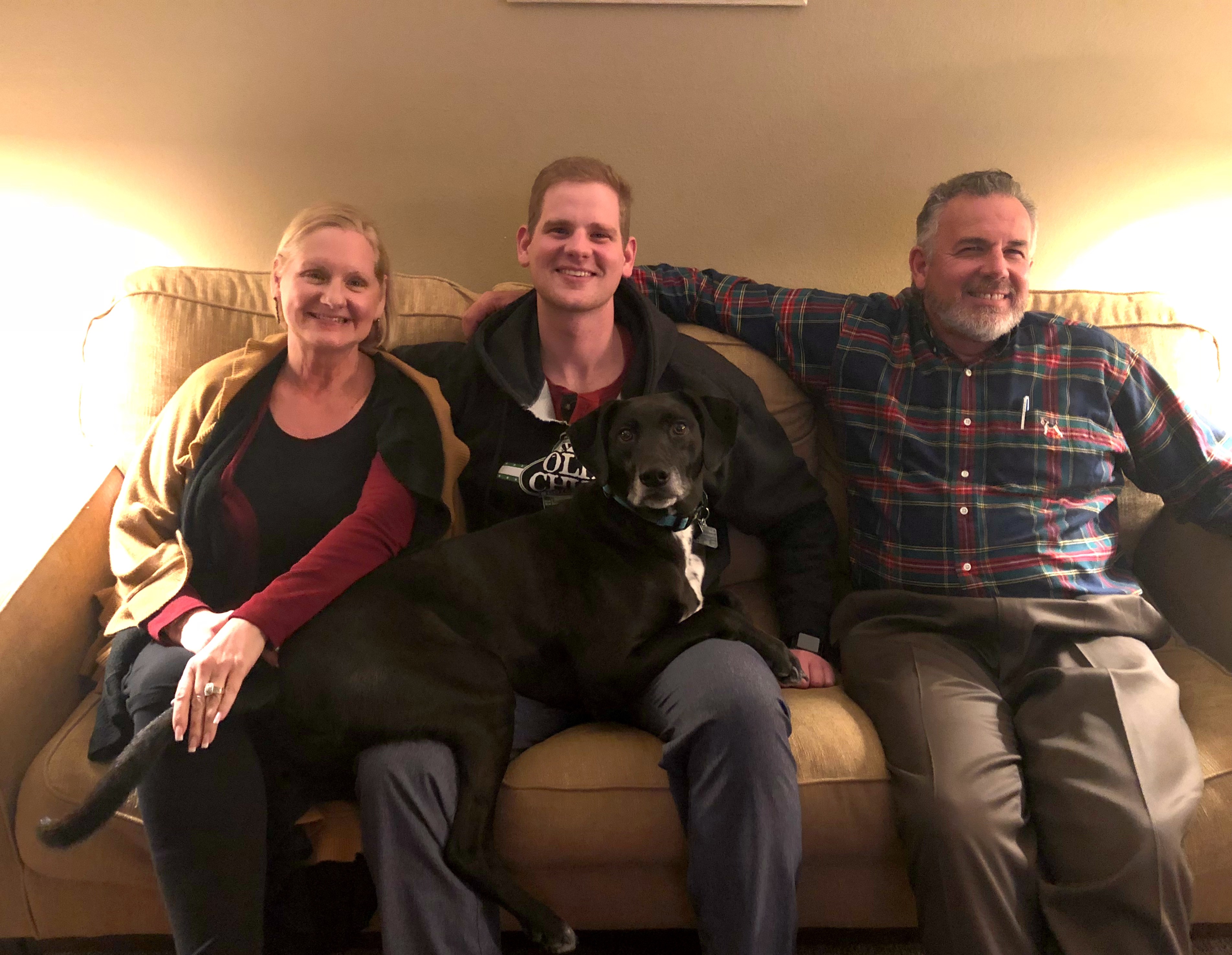 We loved being able to see our son, Jonathan. His dog, Cesar joined us for this photo!