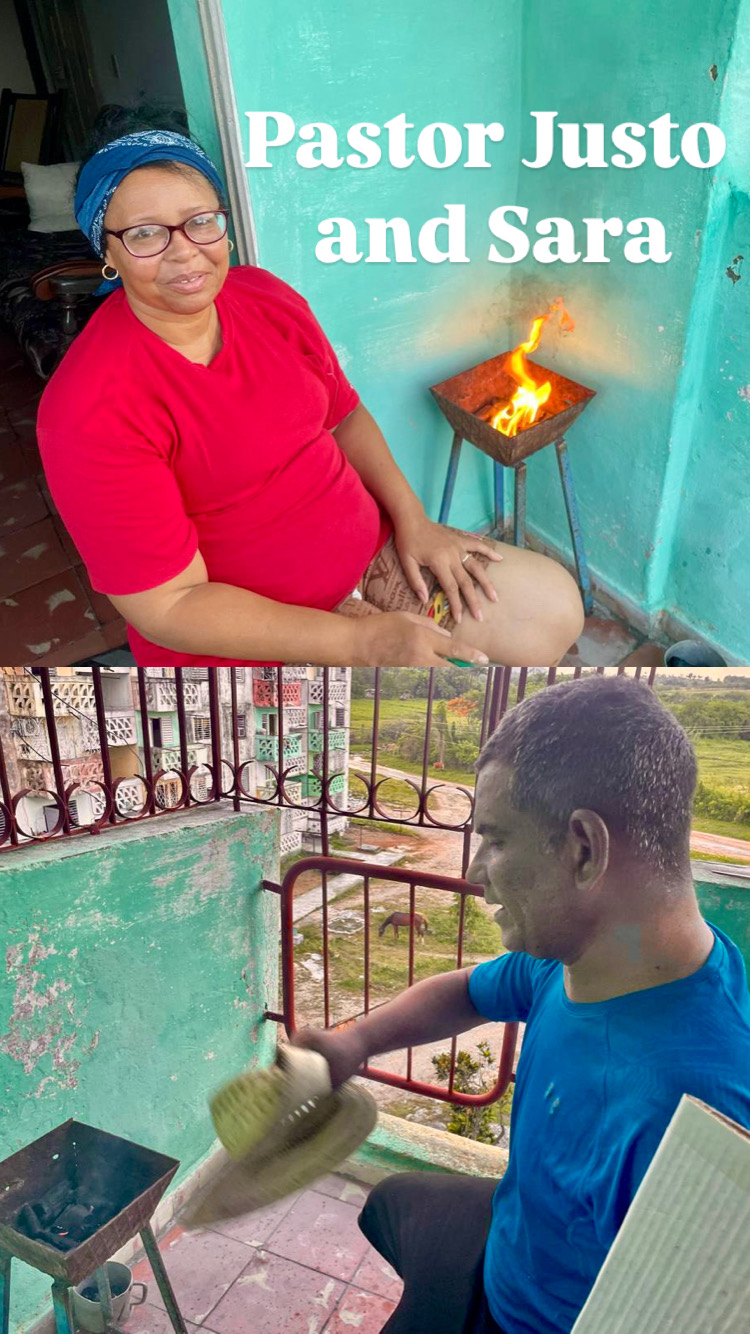 Pastor Justo and Sara cooking on their charcoal grill