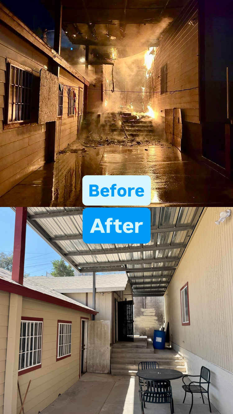 Before and after picture of the fire and rebuild.