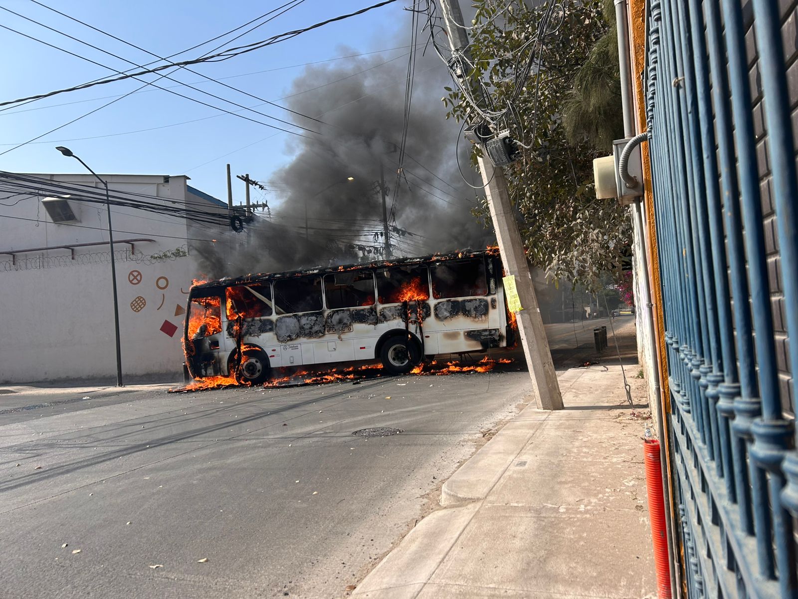 Burning bus just a block away from where Amor y Verdad Church gathers.